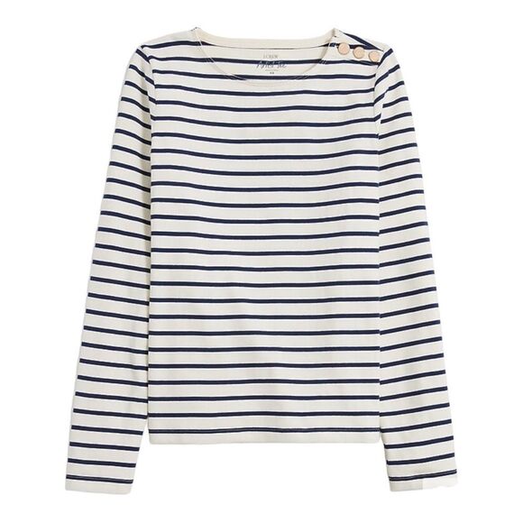 J. Crew Tops - J Crew‎ Striped Pearl Button Shoulder Artist Tee Womens XXS White Navy Blue